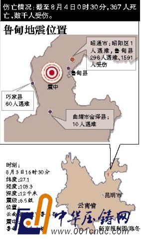 8月3日，救援人員在云南魯?shù)榭h地震現(xiàn)場救援。該地發(fā)生6.5級地震，為14年來最大震級。新華社發(fā)